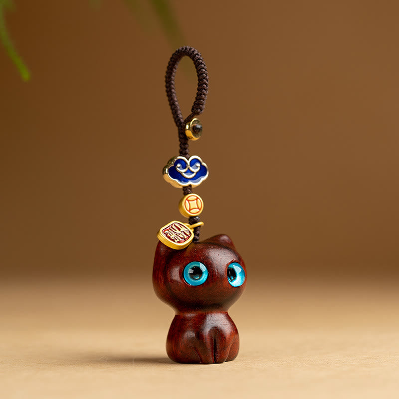 Nimara Ritual Small Leaf Red Sandalwood Ebony Wood Lucky Cat Protection Key Chain Phone Hanging Decoration