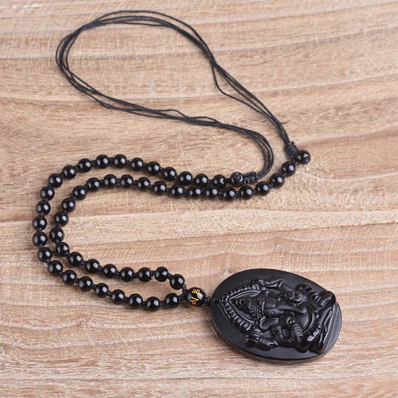 Nimara Ritual Tibetan Obsidian Ganesh Ganpati Elephant Wealth Amulet Necklace