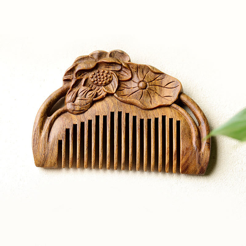 Nimara Ritual Natural Green Sandalwood Lotus Flower Leaf Engraved Soothing Comb
