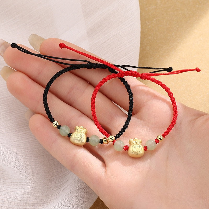 Nimara Ritual Lucky Money Bag Fu Character Jade Bead Luck Braided Bracelet