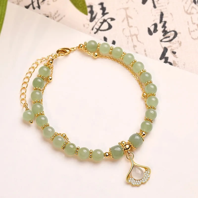 Nimara Ritual Jade Leaf Ginkgo Tulip Peanut Fu Character Luck Beaded Bracelet