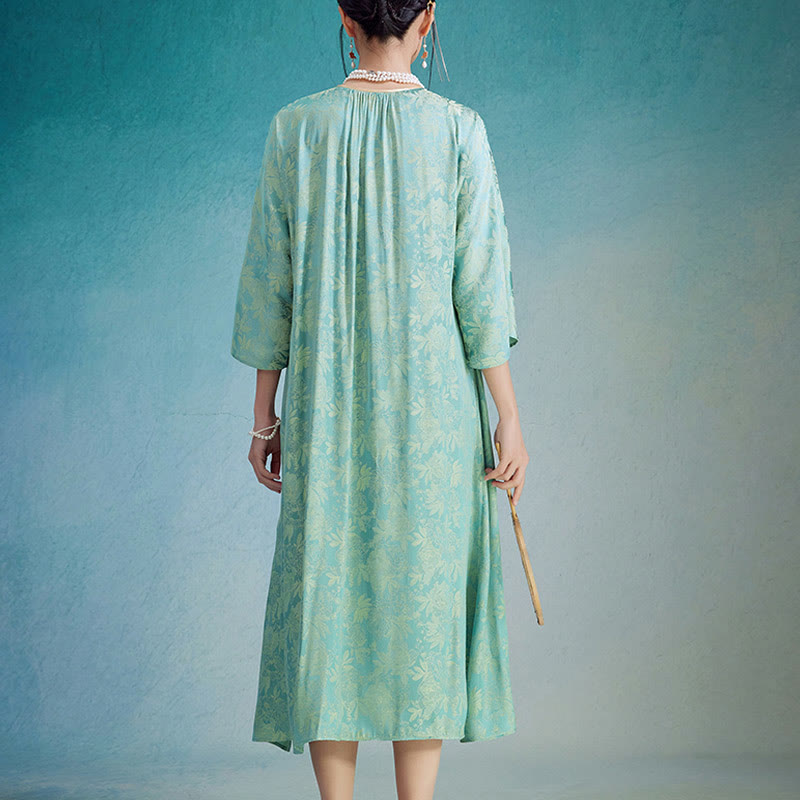 Nimara Ritual Small Flower Leaf Jacquard Chinese Cheongsam Qipao Midi Dress With Pockets