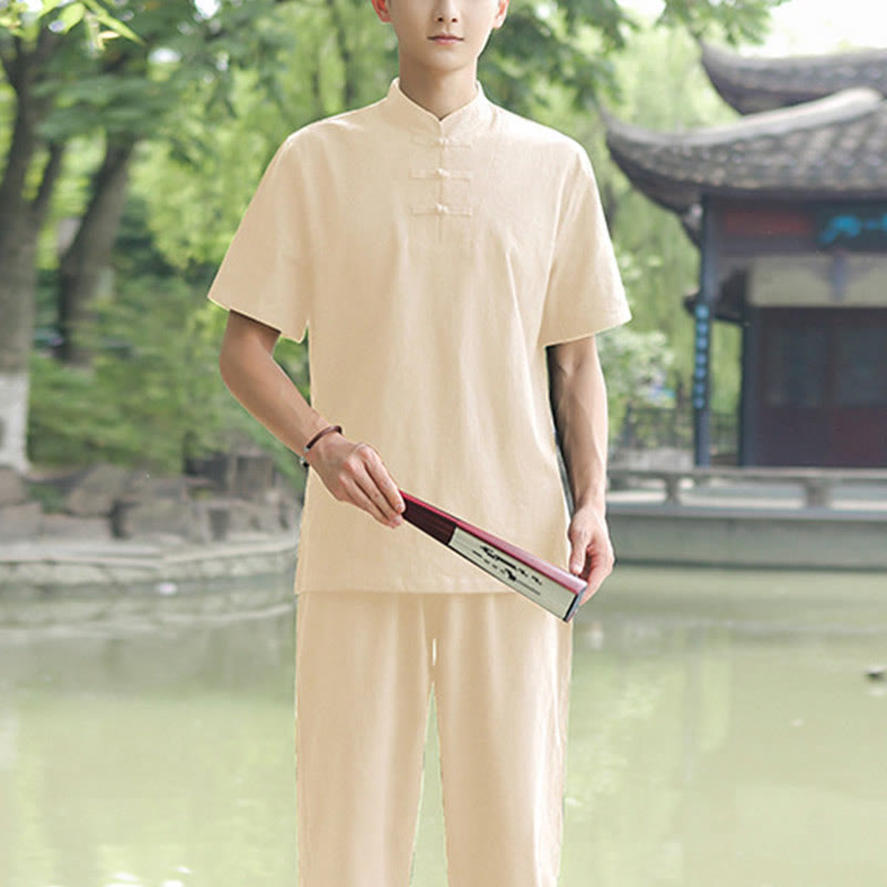 Nimara Ritual 2Pcs Men's Short Sleeve Shirt Top T-Shirt Pants Meditation Zen Tai Chi Cotton Linen Clothing Set