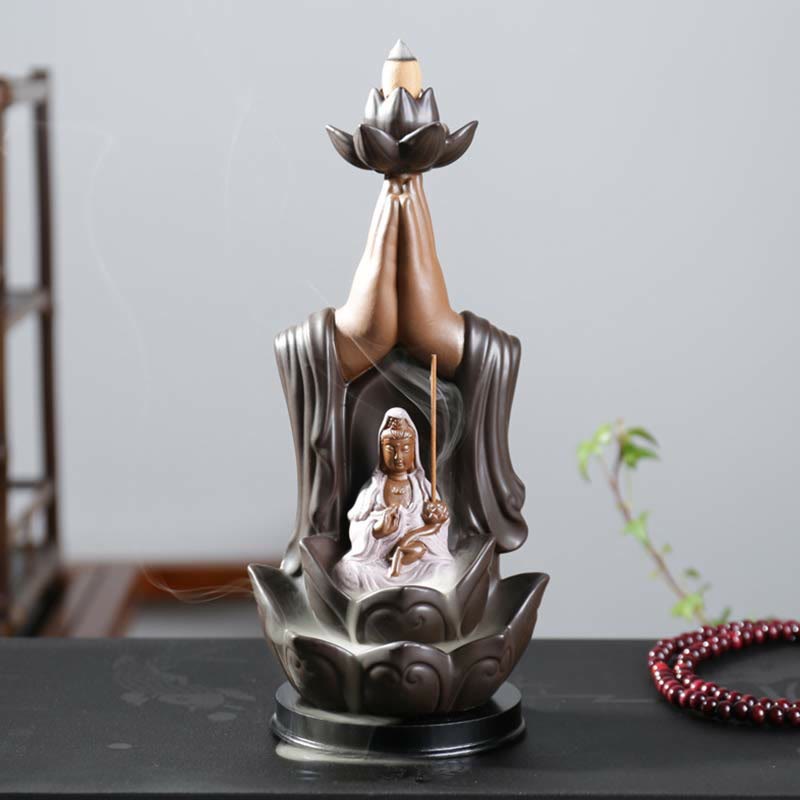 Nimara Ritual Buddha Avalokitesvara Chenrezig Ksitigarbha Ceramic Lotus Blessing Backflow Incense Burner