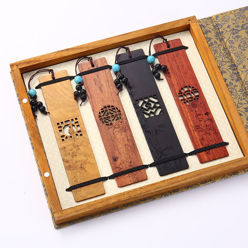 Nimara Ritual 4Pcs Four Seasons Plum Orchid Bamboo Chrysanthemum Peking Opera Mask Wood Bookmarks With Gift Box