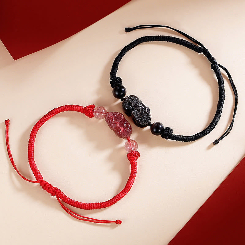 Nimara Ritual Handmade Natural Silver Sheen Obsidian Strawberry Quartz PiXiu Protection Braided Bracelet