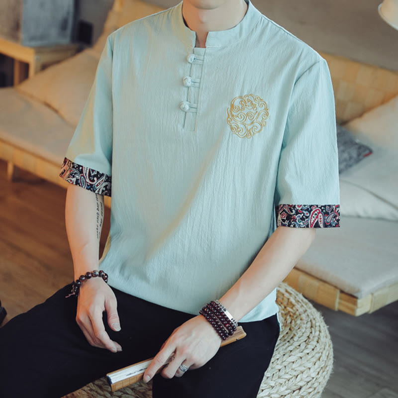 Nimara Ritual Frog-Button Dragon Embroidery Chinese Tang Suit Short Sleeve Shirt Men Clothing