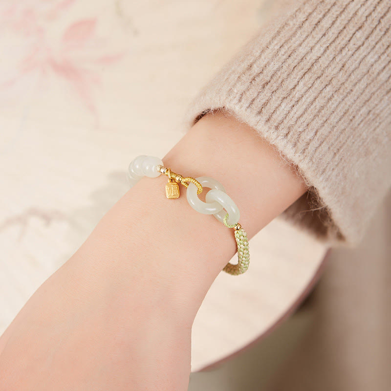 Nimara Ritual Natural Hetian Jade Bead Double Peace Buckle Fu Character Abundance Braided Bracelet