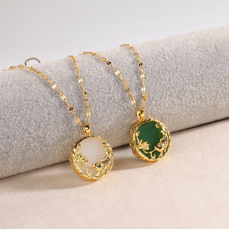 Nimara Ritual Natural Jade Koi Fish Lotus Luck Necklace Pendant