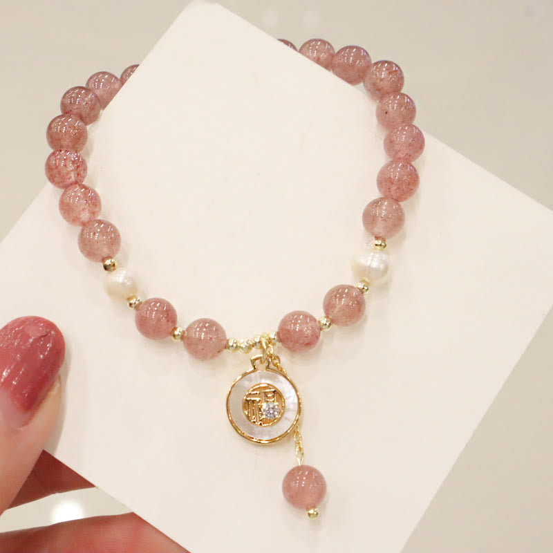 Nimara Ritual Strawberry Quartz Pearl Elk Smiley Face Fishtail Fu Character Charm Healing Bracelet