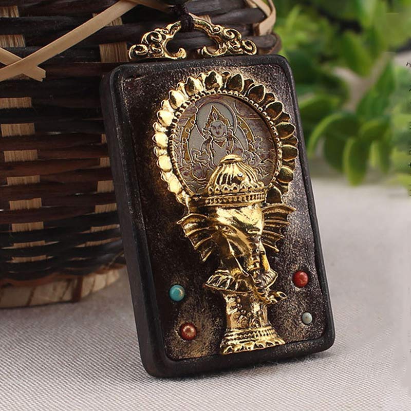 Nimara Ritual Ebony Wood Elephant God of Fortune Buddha Blessing Necklace String Pendant