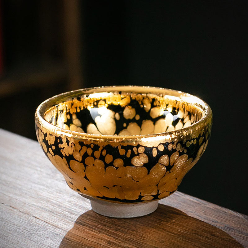 Nimara Ritual 24K Gold Spot Pattern Chinese Jianzhan Ceramic Teacup Kung Fu Tea Cup Bowl With Gift Box