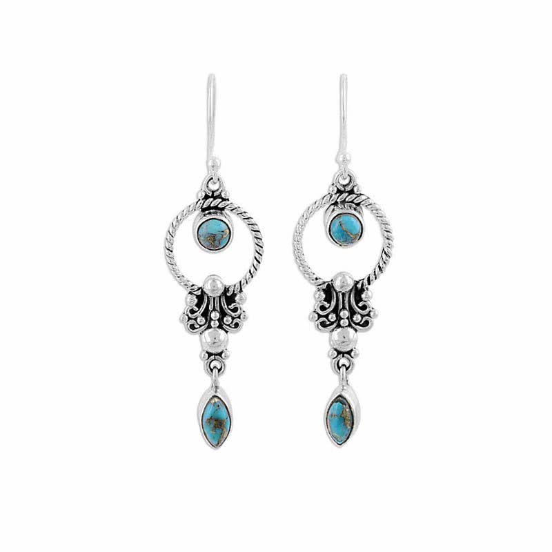 Nimara Ritual 925 Sterling Silver Hook Vintage Copper Plated Silver Turquoise Waterdrop Pattern Balance Drop Dangle Earrings