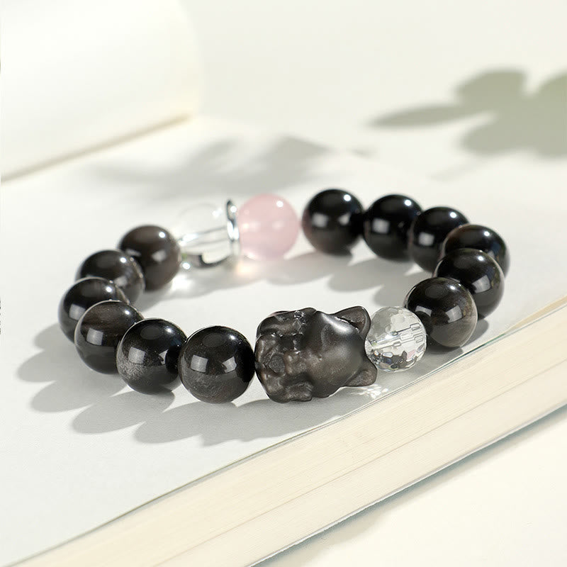 Nimara Ritual Natural Silver Sheen Obsidian Cat Head Fox Planet Protection Bracelet