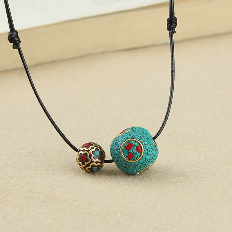 Nimara Ritual Tibetan Turquoise Double Bead Protection Strength Necklace Pendant