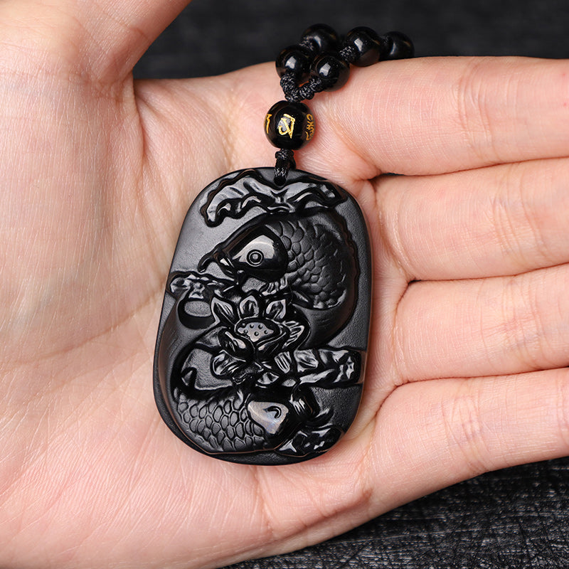 Nimara Ritual Natural Black Obsidian Koi Fish Lotus Strength Beaded Necklace Pendant