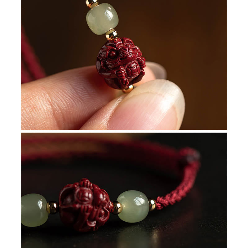 Nimara Ritual Natural Cinnabar Chinese Zodiac Hetian Jade Fu Character Luck Rope Bracelet
