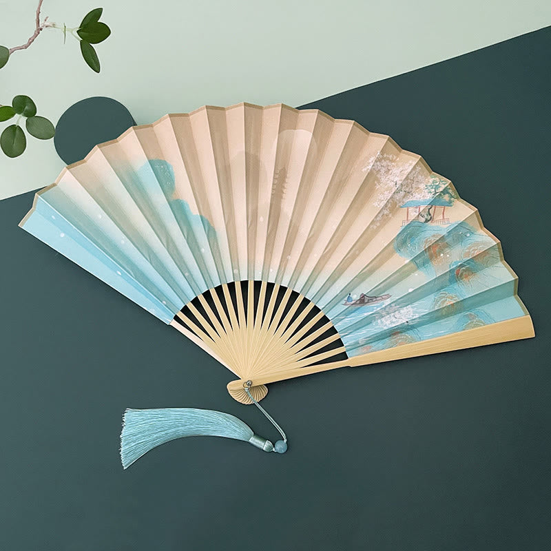 Nimara Ritual Retro Lotus Flower Leaf Mountain Lake Handheld Folding Fan With Bamboo Frames