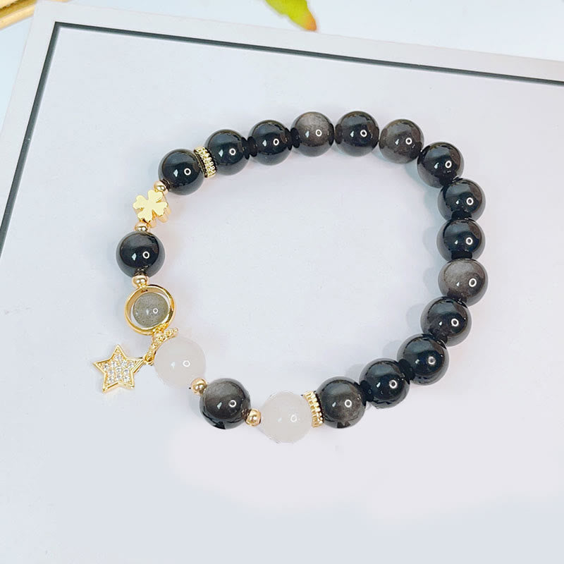 Nimara Ritual Natural Silver Sheen Obsidian Love Heart Star Flower Protection Bracelet