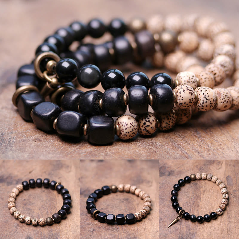 Nimara Ritual Tibetan Bodhi Seed Black Obsidian Ebony Wood Copper Peace Bracelet