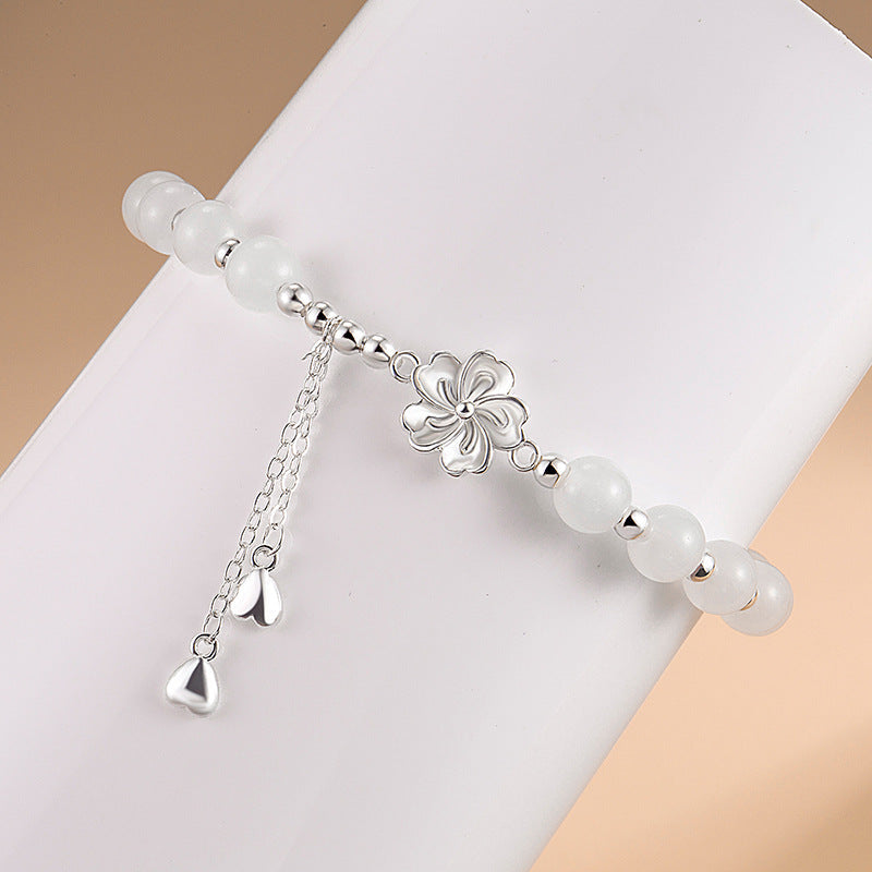 Nimara Ritual White Jade Peach Blossom Petals Flower Luck Bracelet
