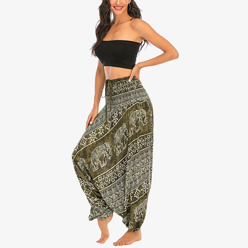 Nimara Ritual Two Style Wear Elephant Pattern Loose Smocked Harem Trousers Jumpsuit Women's Yoga Pants