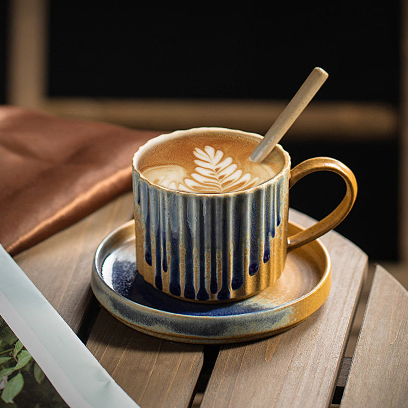Nimara Ritual Retro Striped Kiln Change Ceramic Coffee Mug Rough Pottery Tea Coffee Cup With Saucer 250ml