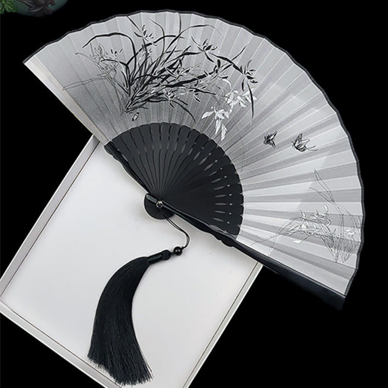 Nimara Ritual Vintage Bamboo Peony Butterfly Lotus Handheld Silk Folding Fan With Bamboo Frames