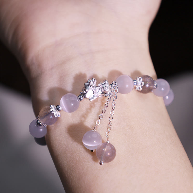 Nimara Ritual Natural Cat's Eye Moonstone Strawberry Quartz PiXiu Support Bracelet