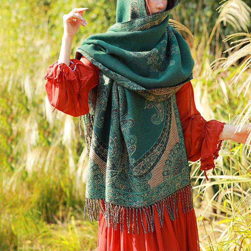 Nimara Ritual Tibetan Vine Leaves Pattern Design Shawl Cozy Travel Scarf Wrap
