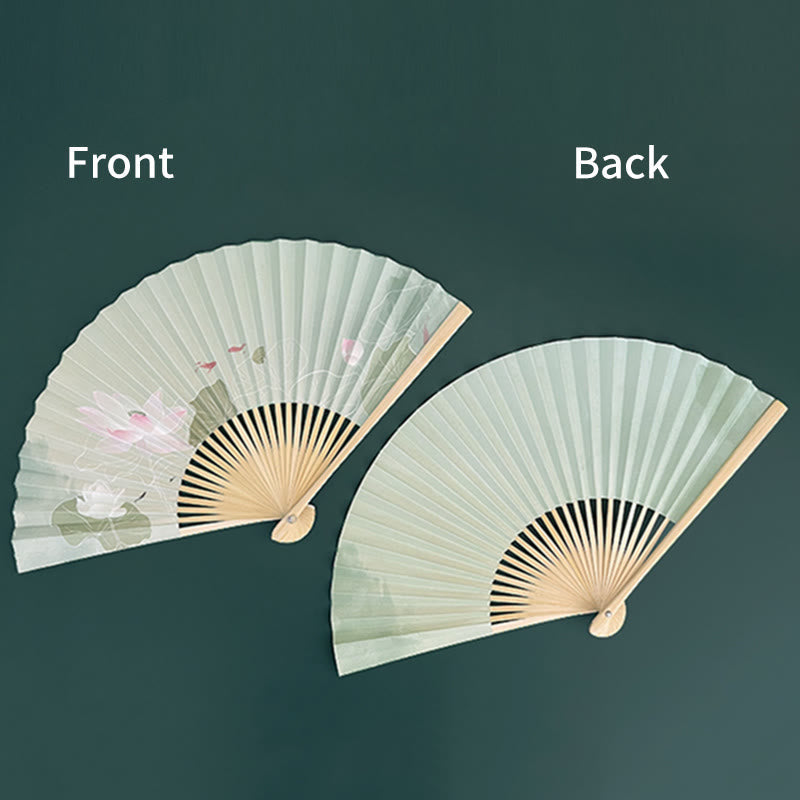 Nimara Ritual Lotus Flowers Leaf Koi Fish Handheld Paper Bamboo Folding Fan