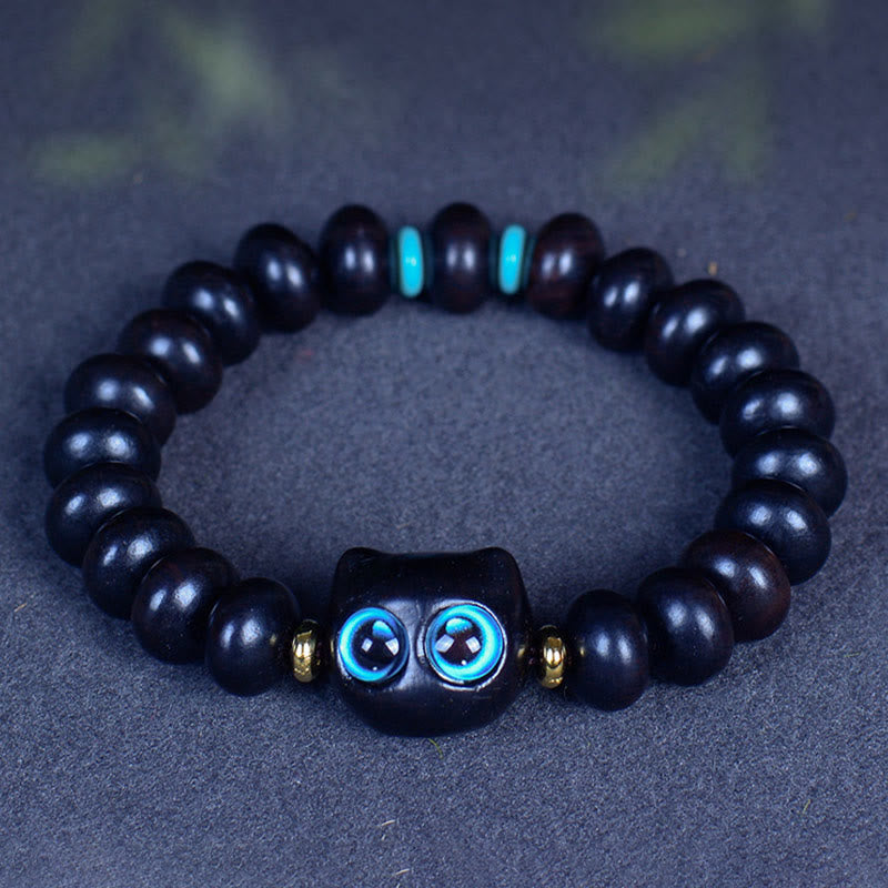 Nimara Ritual Ebony Wood Liuli Glass Lovely Cat Peace Balance Bracelet