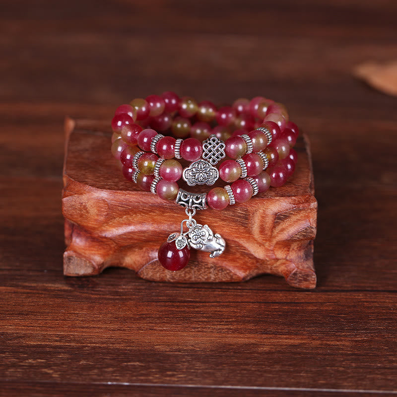Nimara Ritual Natural Watermelon Tourmaline PiXiu Elephant Positive Triple Wrap Bracelet