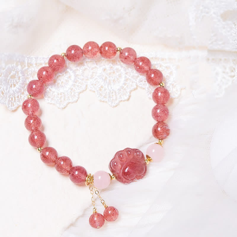 Nimara Ritual Natural Strawberry Quartz Pink Crystal Lucky Cat Paw Love Bracelet
