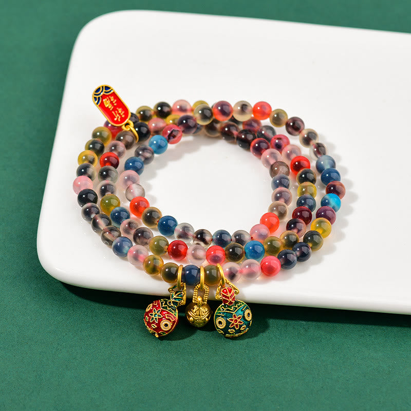 Nimara Ritual Colorful Candy Agate Gold Swallowing Beast Family Strength Charm Triple Wrap Bracelet