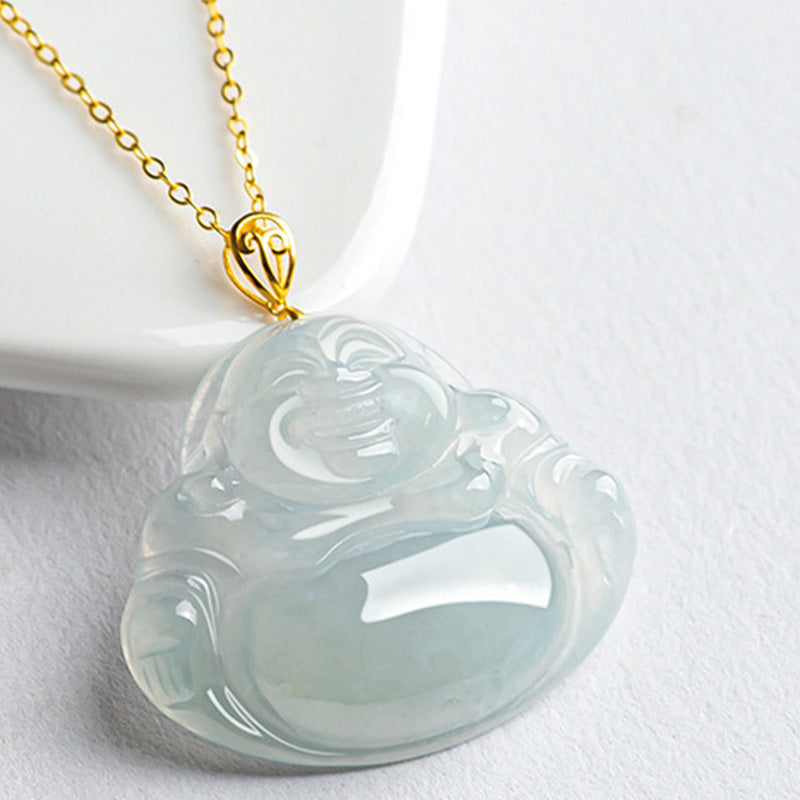 Nimara Ritual Laughing Buddha Natural Jade Abundance Titanium Steel Chain Necklace Pendant