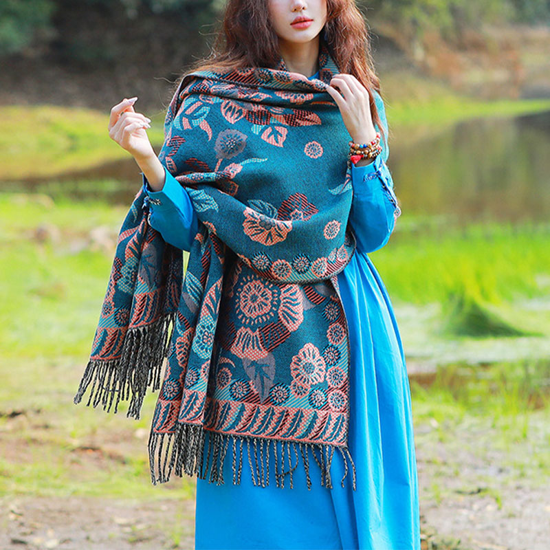 Nimara Ritual Tibetan Flower Floral Leaves Pattern Design Shawl Cozy Travel Scarf Wrap