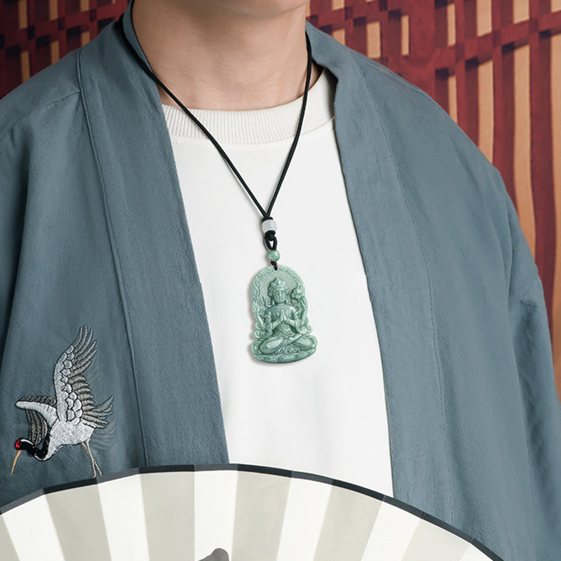 Nimara Ritual Four-armed Avalokitesvara Natural Jade Amulet Blessing String Necklace