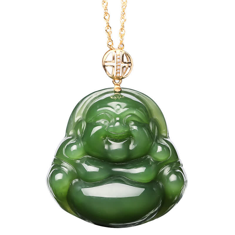 Nimara Ritual 925 Sterling Silver Laughing Buddha Hetian Cyan Jade 18K Gold Success Necklace Chain Pendant