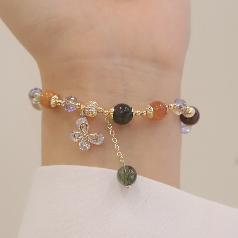 Nimara Ritual Natural Fu Lu Shou Rainbow Crystal Rutilated Quartz Wealth Butterfly Charm Bracelet