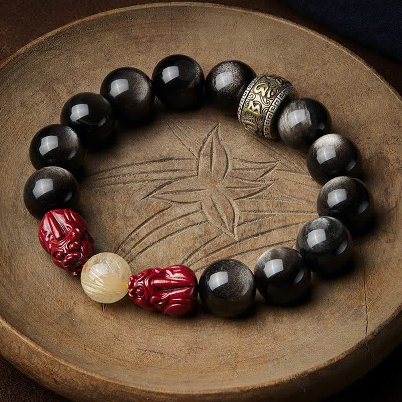 Nimara Ritual Gold Sheen Obsidian PiXiu Cinnabar Om Mani Padme Hum Protection Bracelet