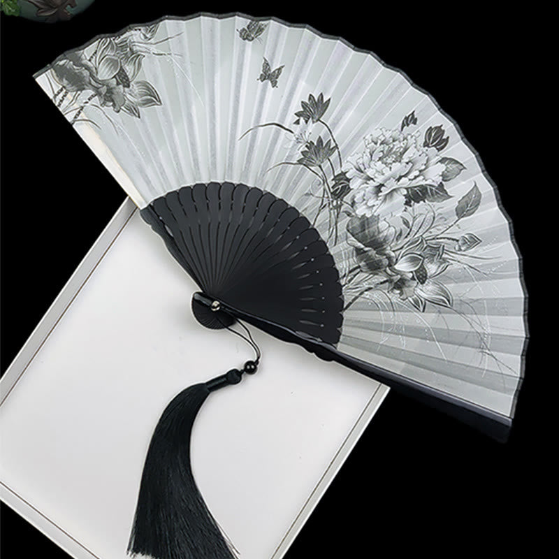 Nimara Ritual Vintage Bamboo Peony Butterfly Lotus Handheld Silk Folding Fan With Bamboo Frames