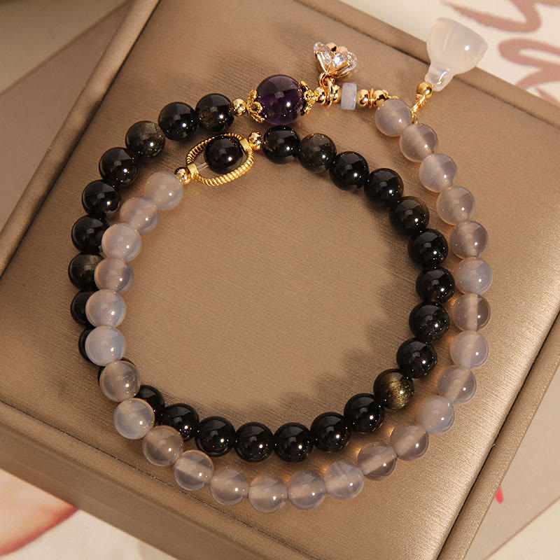 Nimara Ritual Gold Sheen Obsidian Gray Agate Lotus Charm Strengthen Double Wrap Bracelet
