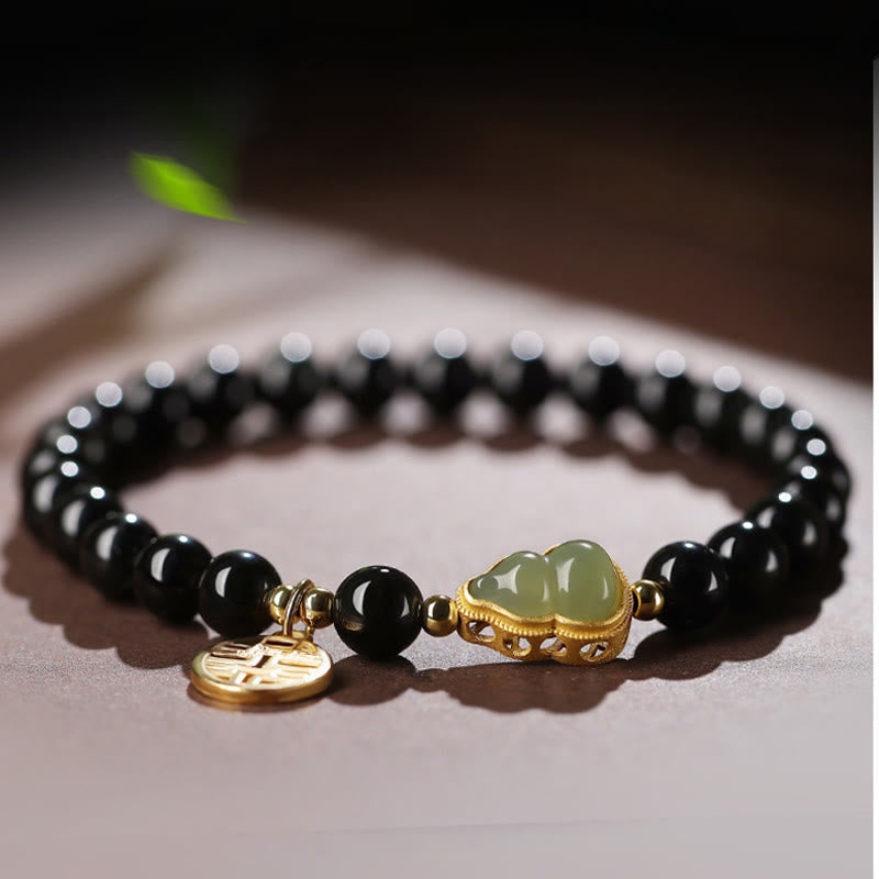 Nimara Ritual Natural Black Obsidian Hetian Jade Gourd Double Happiness Strength Bracelet