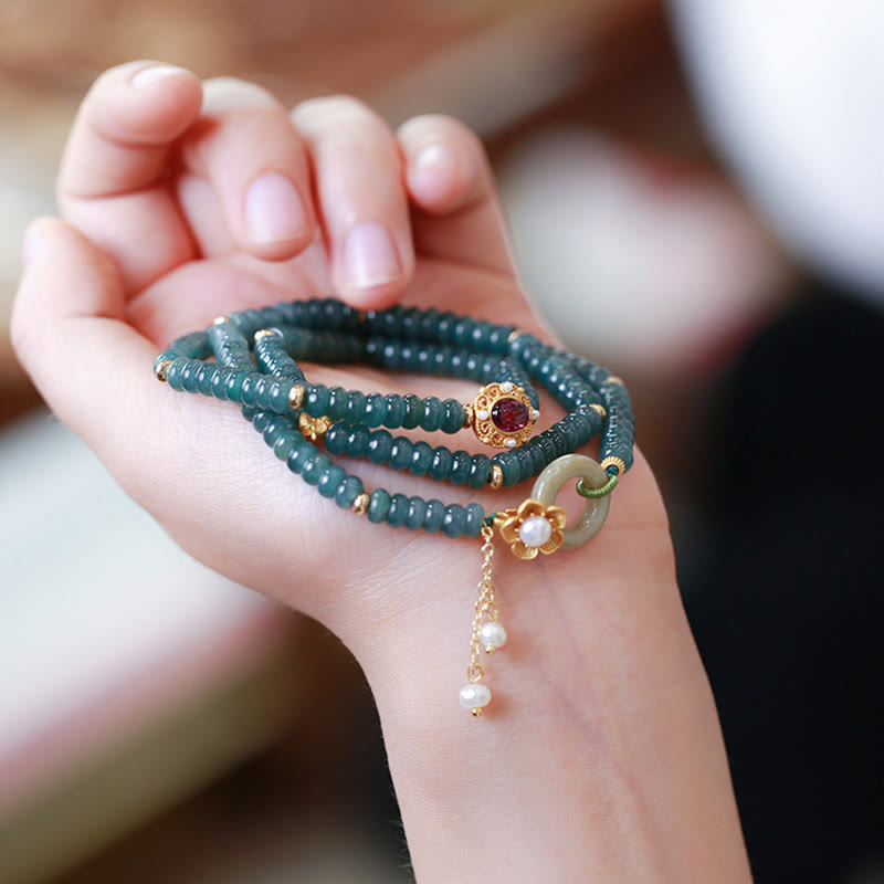 Nimara Ritual 925 Sterling Silver Gold Plated Cyan Jade Flower Peace Buckle Success Triple Wrap Bracelet