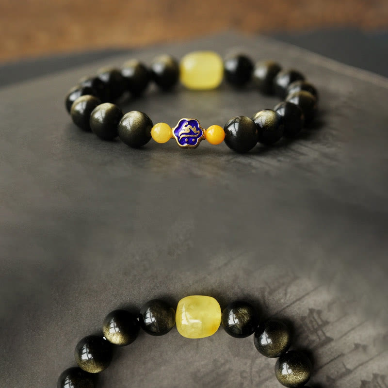 Nimara Ritual 925 Sterling Silver Chinese Zodiac Natal Buddha Natural Gold Sheen Obsidian Amber Wealth Protection Bracelet