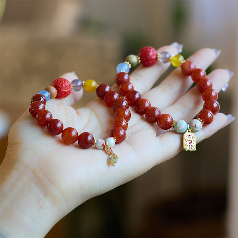 Nimara Ritual Natural Red Agate Peace Talisman Fu Character Dragon Tail Confidence Charm Bracelet