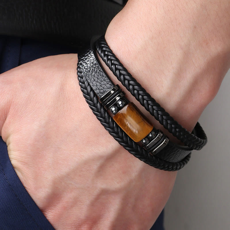 Nimara Ritual Tiger Eye Power Magnetic Buckle Multilayered Leather Bracelet