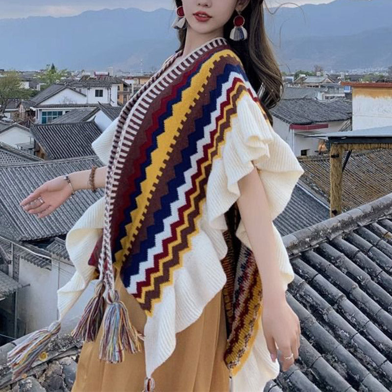 Nimara Ritual Tibetan Shawl Colorful Striped Wavy Line Tassels Winter Cozy Travel Scarf Wrap