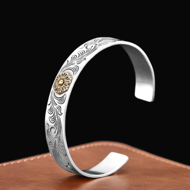 Nimara Ritual Tang Dynasty Flower Design Rose Flower Feather Carved Copper Luck Bracelet Bangle